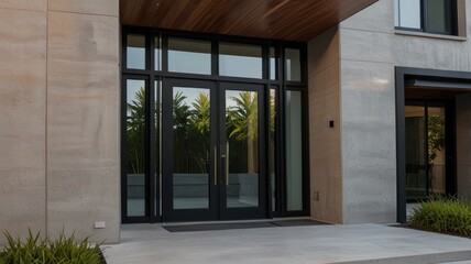 Modern double glass door entrance to a luxury home with wood accents.