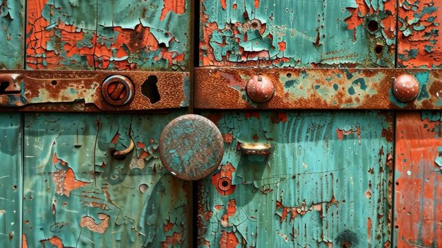 A weathered door with peeling teal paint and rusty hardware in an old town
