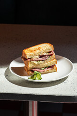 Portion of gourmet sandwich with pickles on the cafe table