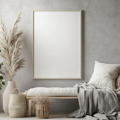 Poster mockup, plain white poster in a light wood frame, simple neutral Christmas background
