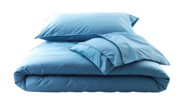 PNG Soft Blue Bedding: Luxurious Duvet and Pillows for a Relaxing Sleep Isolated on Transparent Background