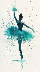 Captured in delicate watercolor: An ethereal scene featuring a ballerina with dark skin, dressed in a mint green tutu, standing against a light backdrop