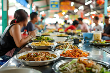 Obraz premium Vibrant Asian Street Food Market with Diverse Dishes and Busy Atmosphere Captured in a Colorful and Lively Setting