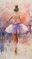 Naklejka premium Ethereal watercolor rendering: A ballerina in a pink dress stands gracefully, her back to the viewer, against a luminous and gentle background