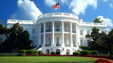 Naklejka premium A grand white building with pillars and an American flag.