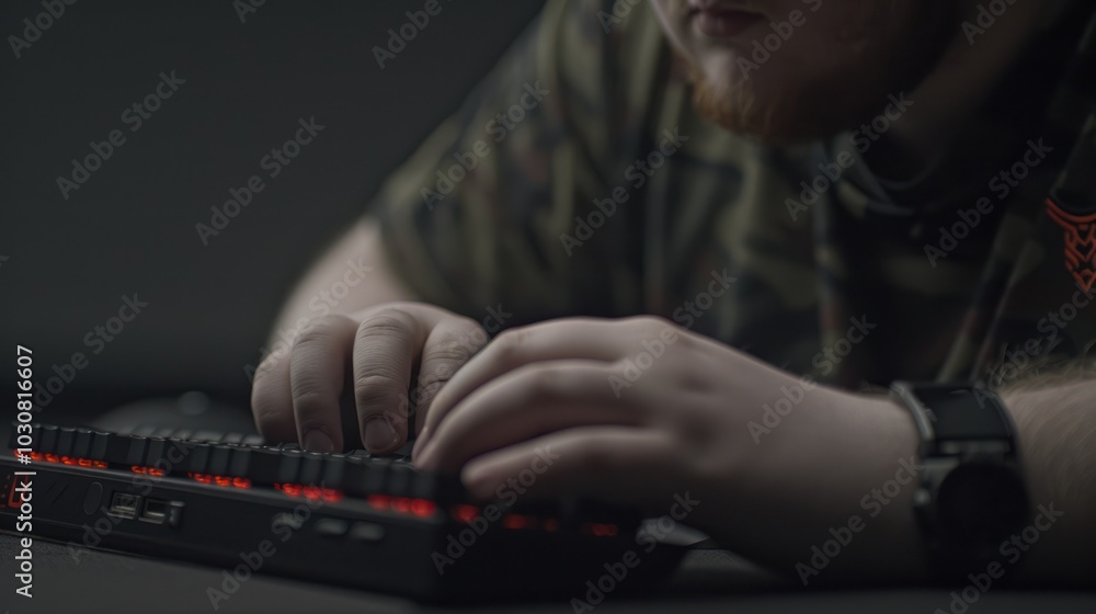 Poster close-up of a person's hands typing on a black keyboard with red backlighting