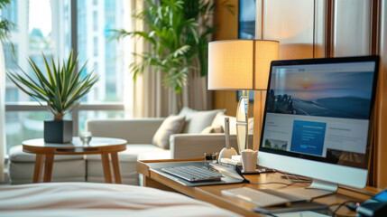 Fototapeta premium Modern Hotel Room Interior with Luxurious Bedding and Office Workspace for Business Travel Comfort