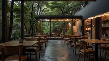 Fototapeta premium Modern restaurant with large windows overlooking a lush green garden.