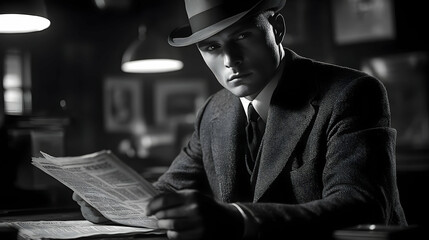 A man in a suit reading a newspaper in a dimly lit setting.