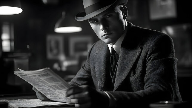 A man in a suit reading a newspaper in a dimly lit setting.
