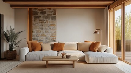 Rustic Modern Living Room with Stone Accent Wall and Warm Earth Tones