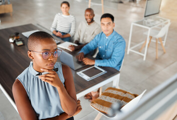 Business woman, thinking and whiteboard for workshop, training and planning or discussion....