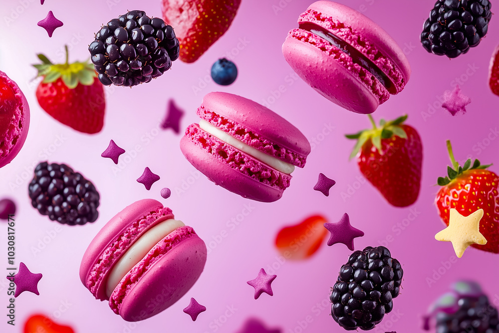 Poster burgundy macarons are highlighted amidst a vibrant pink backdrop, complemented by an array of fresh 