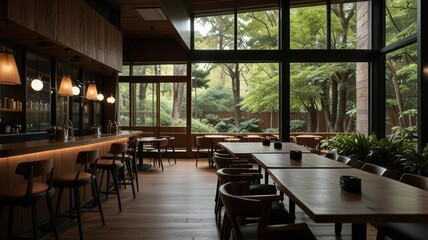 Fototapeta premium A modern bar with wooden tables and chairs, a bar counter, and large windows overlooking a lush green garden.