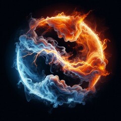 The image displays a stunning visual effect created by swirling smoke in shades of blue and orange, which  creating a circular composition. Otherworldly, dynamic, and futuristic feel. 