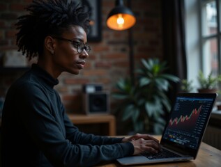 African American woman analyzing financial data on laptop screen