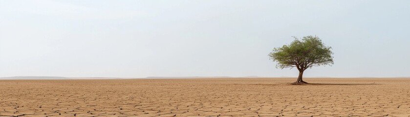 Naklejka premium Lone tree in a vast dry landscape under a clear sky, symbolizing resilience.