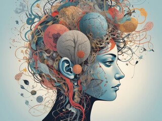 Obraz premium Complexity of human mind. Chaotic nature of human mind, tangled thoughts, conflicts, and emotional pressure and stress. Contemporary art collage. Concept of psychology, inner world, therapy