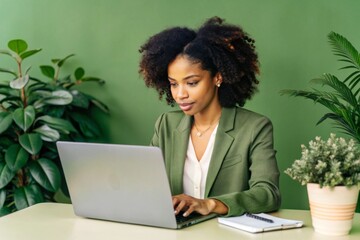 African American woman analyzing financial data on laptop screen