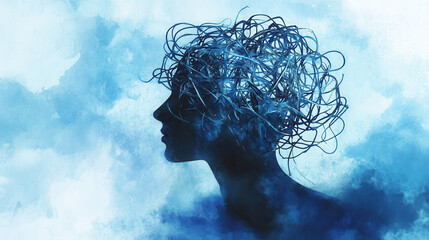 A silhouette of a human head filled with tangled wires, symbolizing mental overload, with a calm blue background, watercolor, space for text at the top. --ar 16:9 --v 6.1