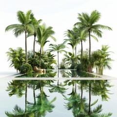 Obraz premium A pool surrounded by palm trees is reflected in the water