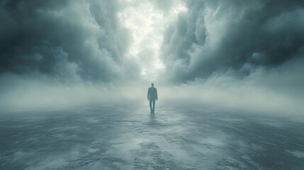 A solitary figure walks through a misty landscape under dark clouds.