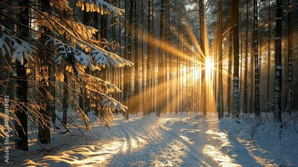 Poster sunlight streams through the trees in a snowy forest