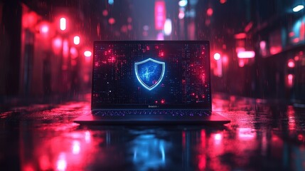A laptop with a blue shield symbol on the screen, set against a digital background cybersecurity concep