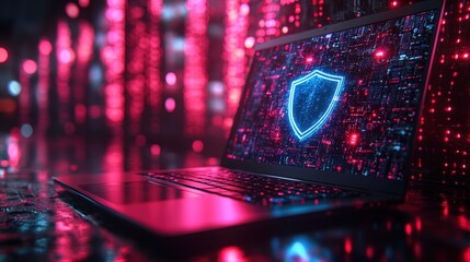 A laptop with a blue shield symbol on the screen, set against a digital background cybersecurity concep