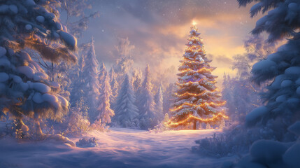 Christmas tree decorated in the forest