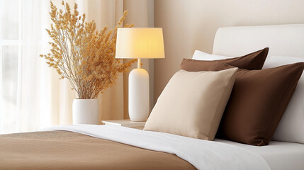 A minimalistic bedroom centered around a warm bed covered in a rich, dark brown comforter. The beige pillowcases at the front contrast softly with the deep brown ones behind them.