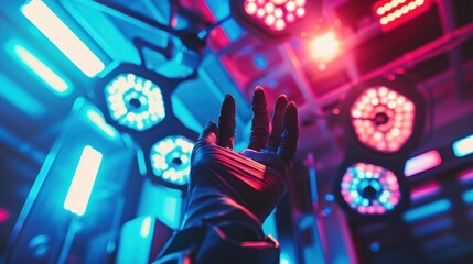 Gloved Hand Reaching Upwards in a Neon-Lit Operating Room