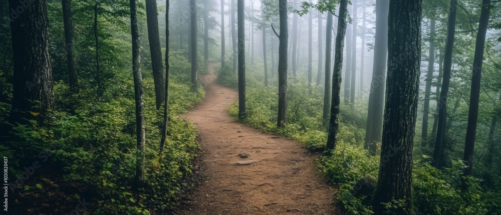 Poster a path through a forest with trees on either side