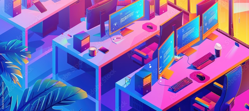 Poster modern tech startup workspace with vibrant monitors for energetic developer team