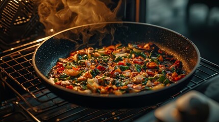 Sizzling Vegetable Stir-Fry in a Nonstick Pan Inside an Oven