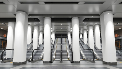 Blank whtie pillars for pillar wrap billboard advertising mockup template. Extreme narrow vertical banners near escalators isolated with white highlights, png