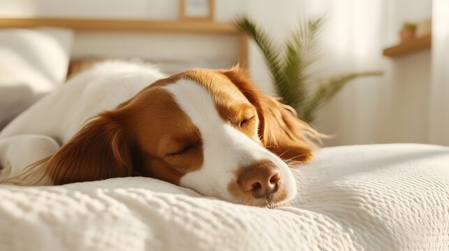 Emotional Support Therapy Dog Peacefully Resting on Minimalist Bed in Tranquil Contemporary Interior