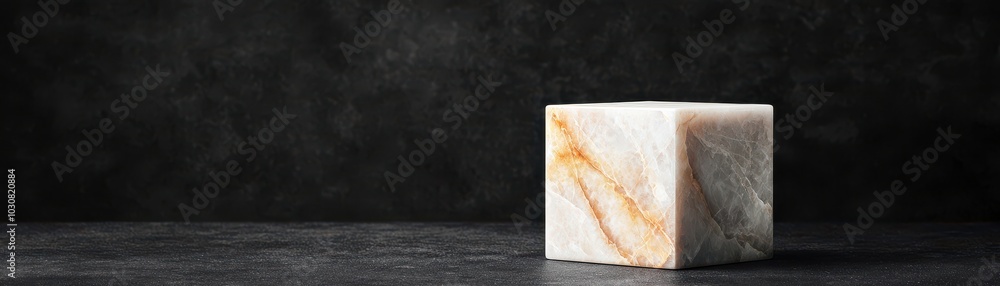 Poster marble cube on dark background with subtle textures and warm tones, white isolate background.