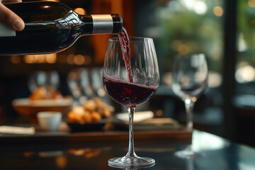 A bottle of wine being poured into a crystal glass, showcasing the rich red color and elegant presentation