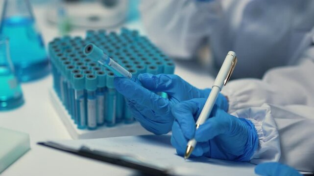 Scientists wearing lab coats and gloves are analyzing blood test tubes and taking notes in a laboratory