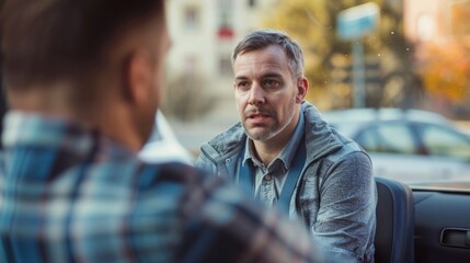 Fototapeta premium Men Conversing in Car