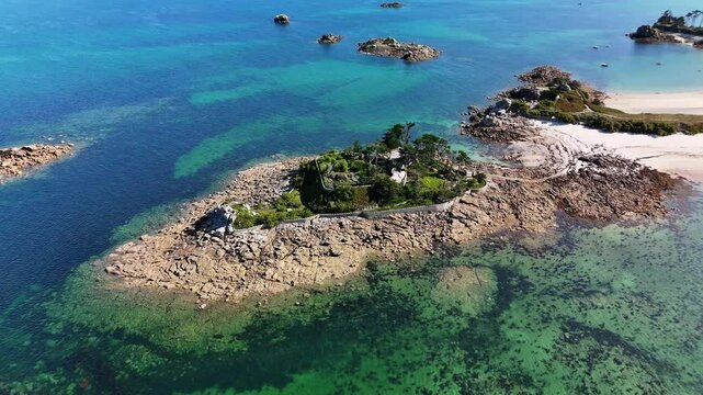 Sandy beaches, torquoise sea, France, Roscoff, Perharidy peninsula, am aerial drone footage