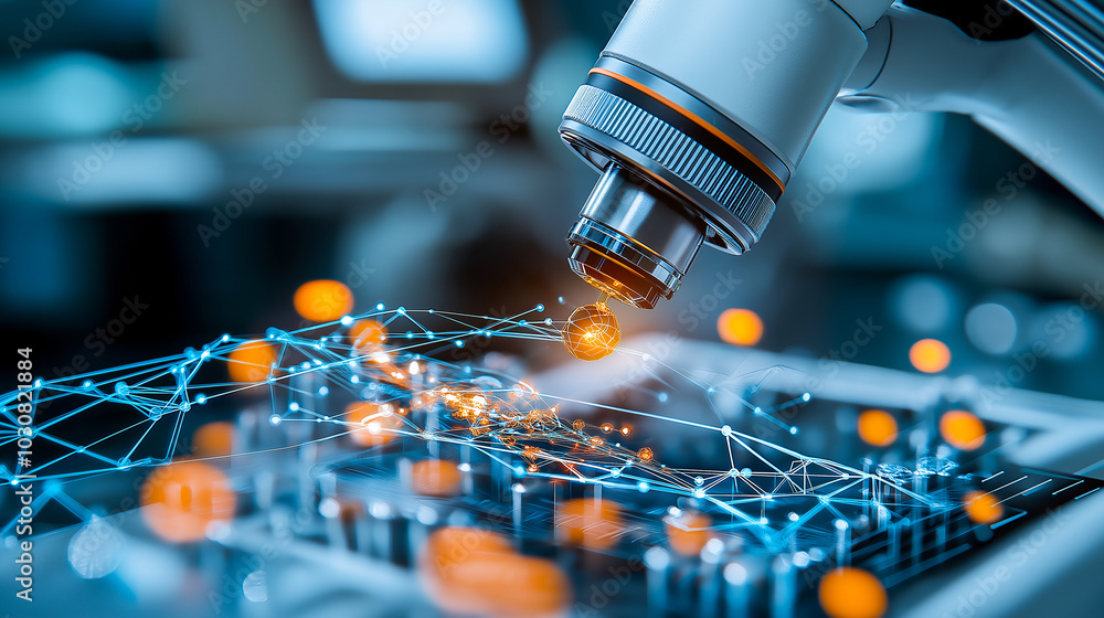 Poster close up view of microscope showcasing advanced technology and digital connections, symbolizing scie