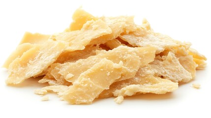 A pile of  thin, flaky,  parmesan cheese shavings on a white background.