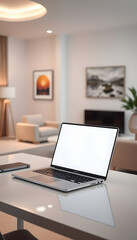A white-screen laptop computer mockup on a desk in a modern beautiful living room isolated with white highlights, png
