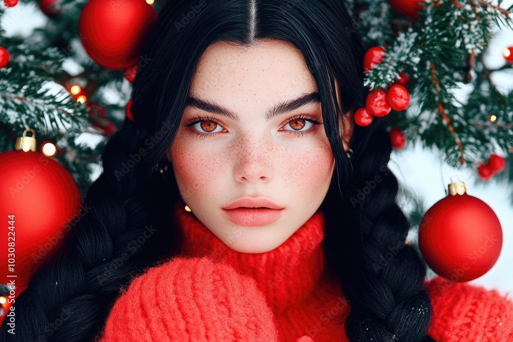 Wall mural Festive portrait of a young woman in red sweater surrounded by christmas decorations