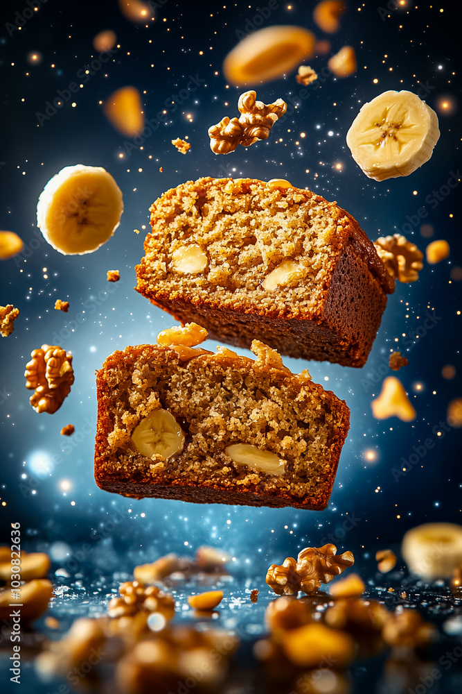 Poster a captivating view features slices of banana bread hovering in mid-air, surrounded by walnuts and ba