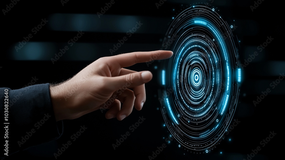 Poster human hand reaching towards digital interface with glowing circular patterns, symbolizing technology