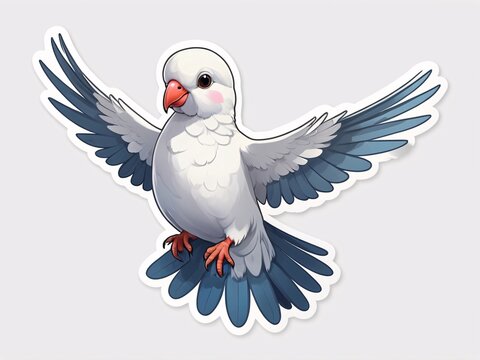 recommend clip art: Sticker a cute baby dove fly, proportional parrot, white background. generative ai