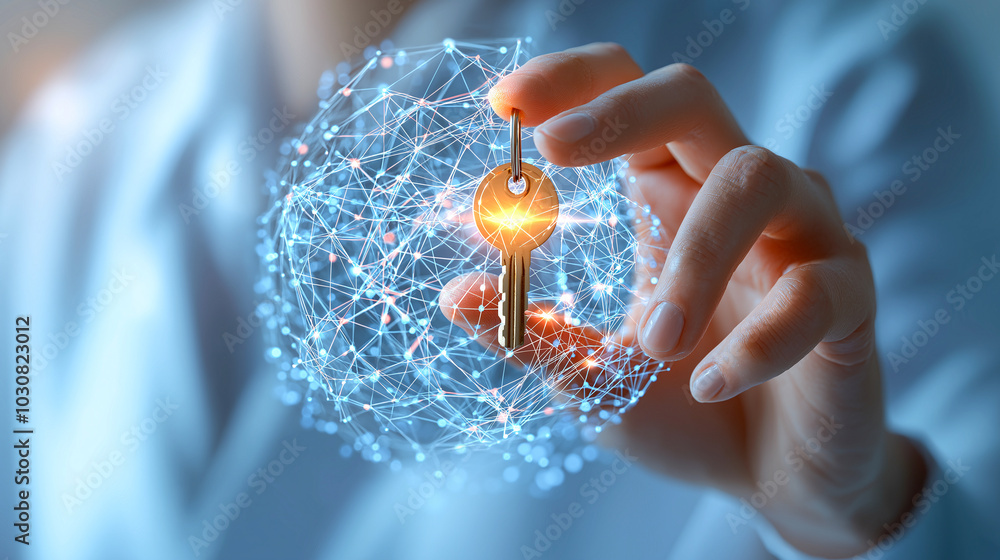 Poster unlock potential of data ownership with glowing key held delicately in hand, surrounded by network o